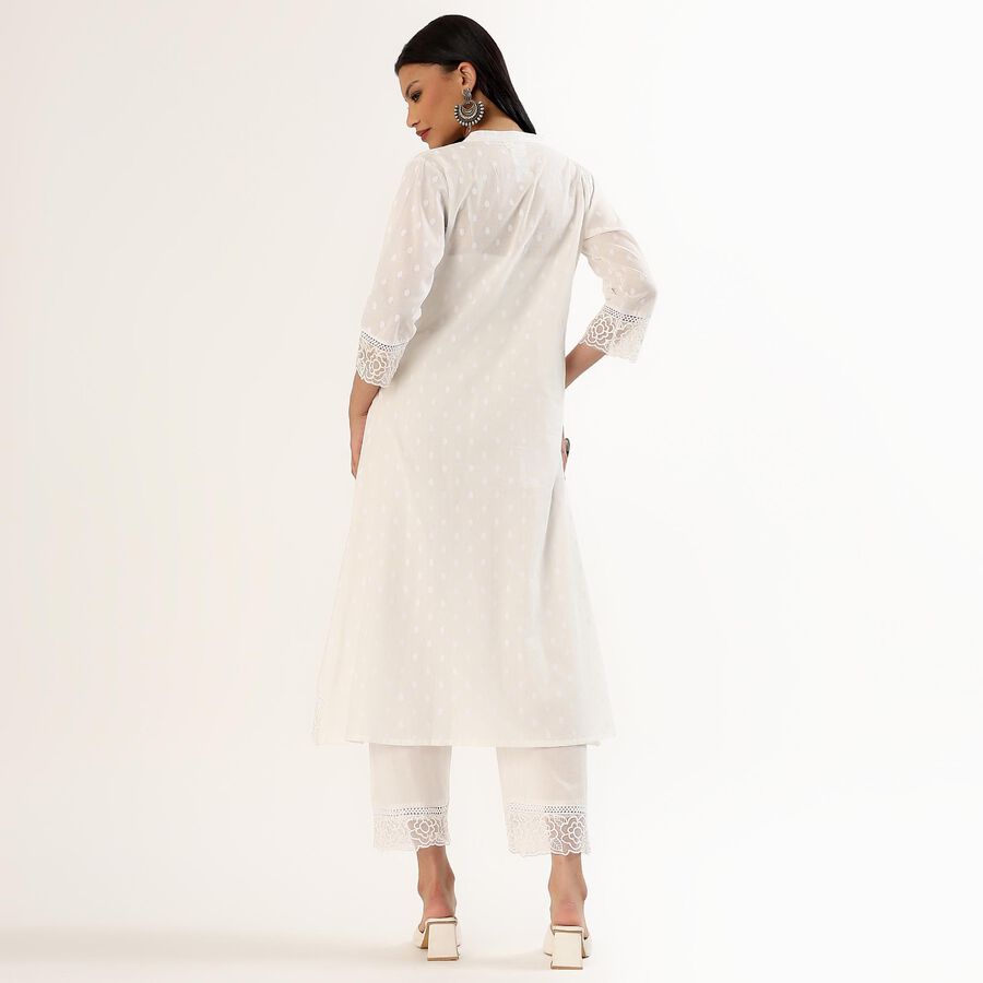 Women's White Cotton Notch Neck Self Design Kurta, Off White, large