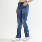 Women's Stonewashed Blue Flared Fit Button Detail Jeans, मध्यम नीला, small image number null