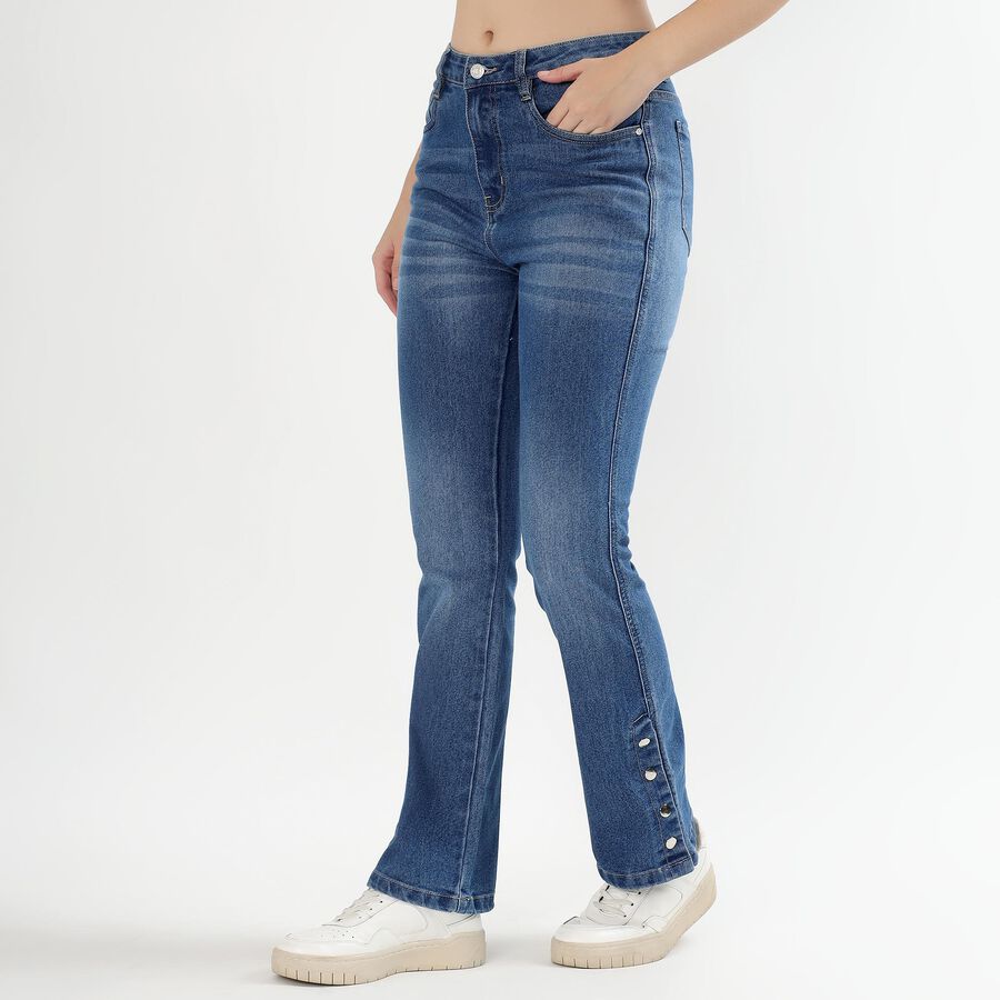 Women's Stonewashed Blue Flared Fit Button Detail Jeans, मध्यम नीला, large image number null