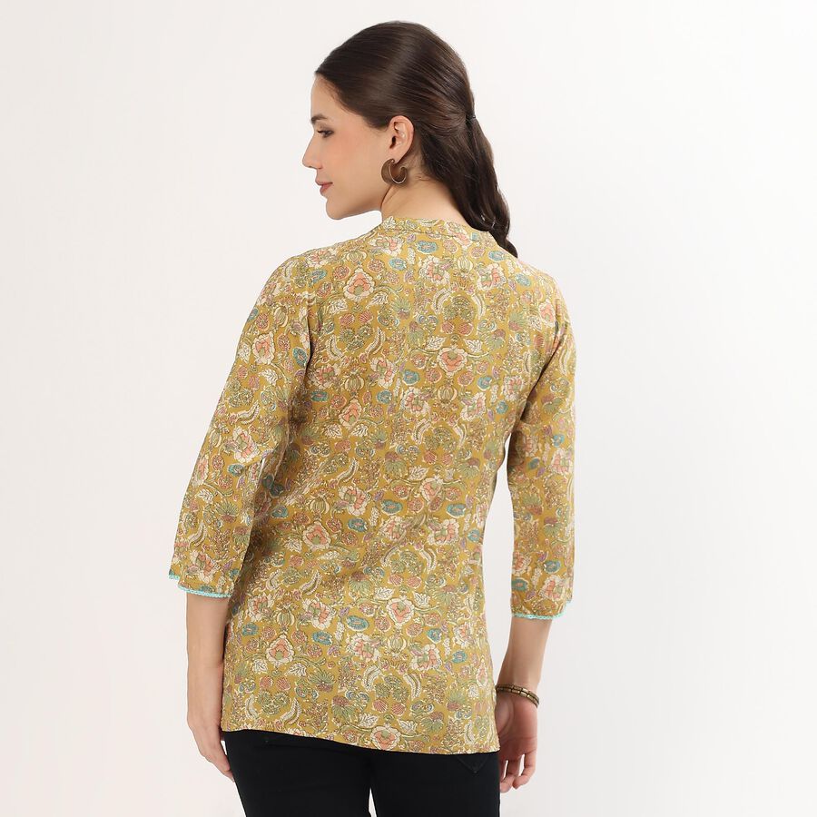 Women's Muted Mustard Yellow Mandarin Collar Floral Printed Kurti, पीला, large image number null