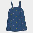 Girls' Blue Floral Embroidered Sleeveless Denim Frock, Mid Blue, small