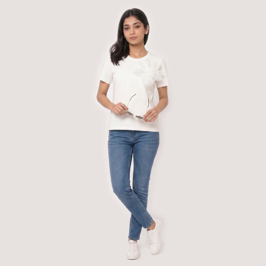 Women's White Round Neck Regular T-Shirt, White, large