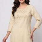 Women's Beige Round Neck Embroidered Kurta, Beige, small