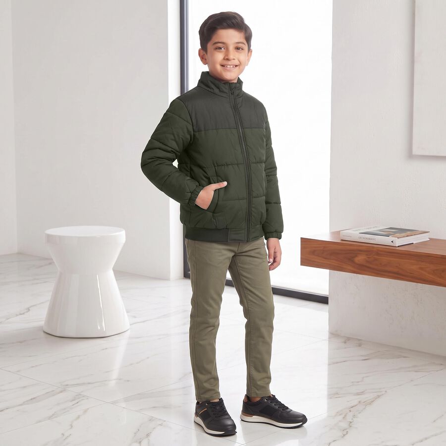 Boys Olive Green Stand Collar Puffer Jacket, Olive, large