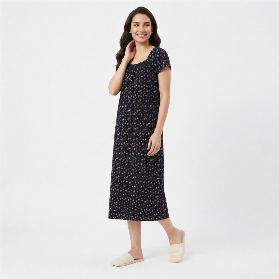 Women Navy Blue Square Neck A-Line Nighty, Navy Blue, large