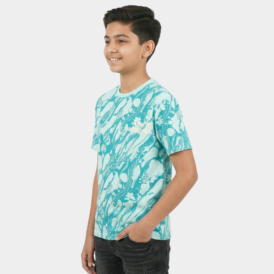 Boys Light Blue Cotton Round Neck Casual T-Shirt, हल्का नीला, large