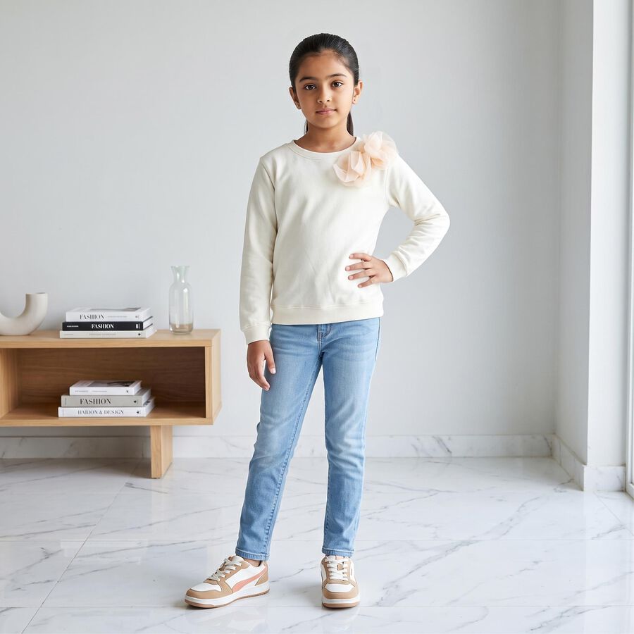 Girls' Cream Crew Neck Pullover Sweatshirt, Off White, large