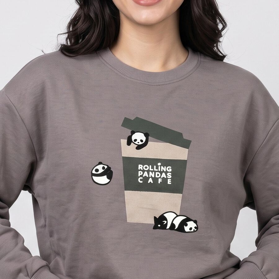 Women Grey Crew Neck Drop Shoulder Sweatshirt, गहरा ग्रे, large