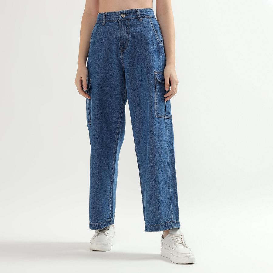 Ladies' 100% Cotton Denim Jeans, मध्यम नीला, large image number null
