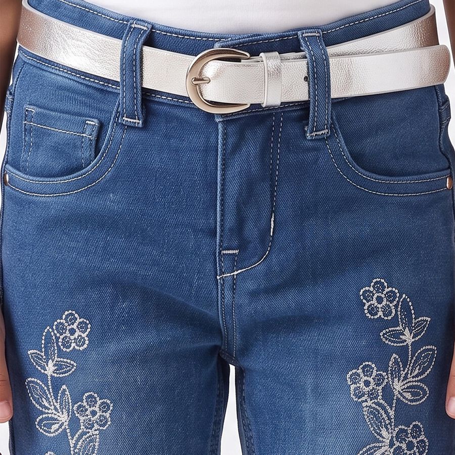 Girls Blue Straight Fit Embroidered Jeans, Mid Blue, large