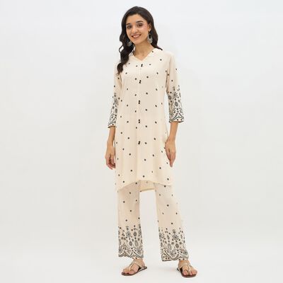 Women's Beige Printed Ethnic Set