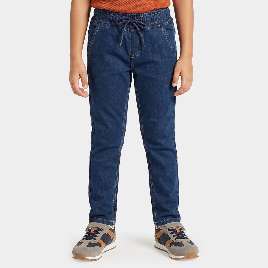 Boys' Navy Blue Slim Fit Drawstring Waist Jeans, Dark Blue, large