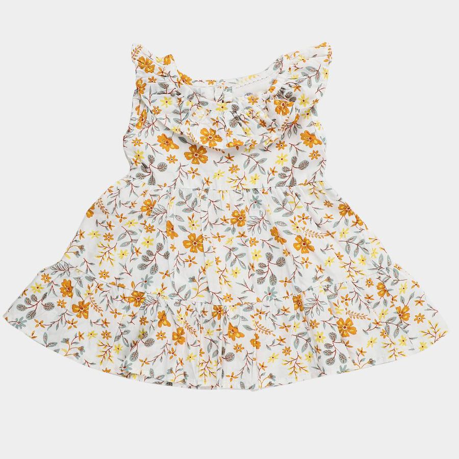 Infant Girls' White Flared Floral Printed Ruffle Neck Frock, Off White, large
