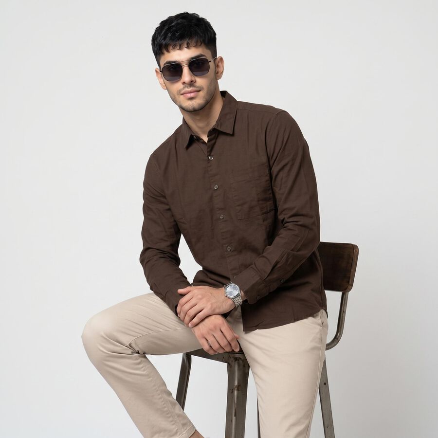 Men's Brown Cotton Casual Shirt, भूरा, large