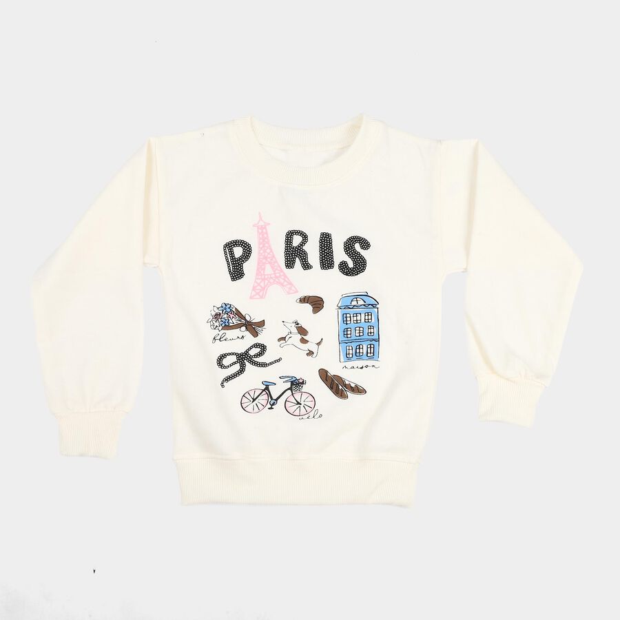 Girls' Off White Crew Neck Graphic Print Sweatshirt, ऑफ व्हाइट, large