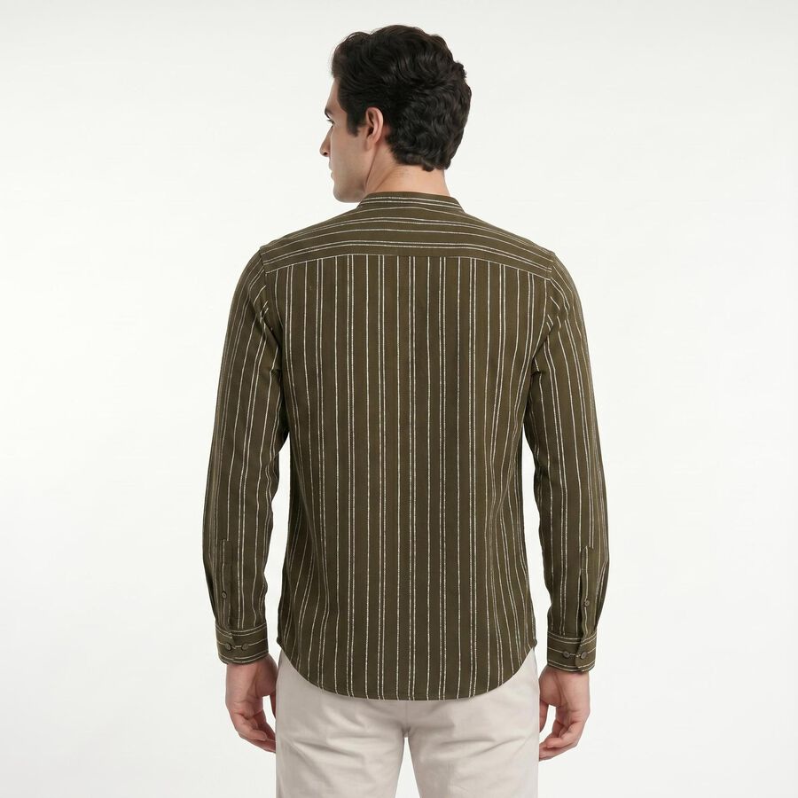 Men's Olive Green Cotton Mandarin Collar Striped Regular Fit Shirt, Olive, large