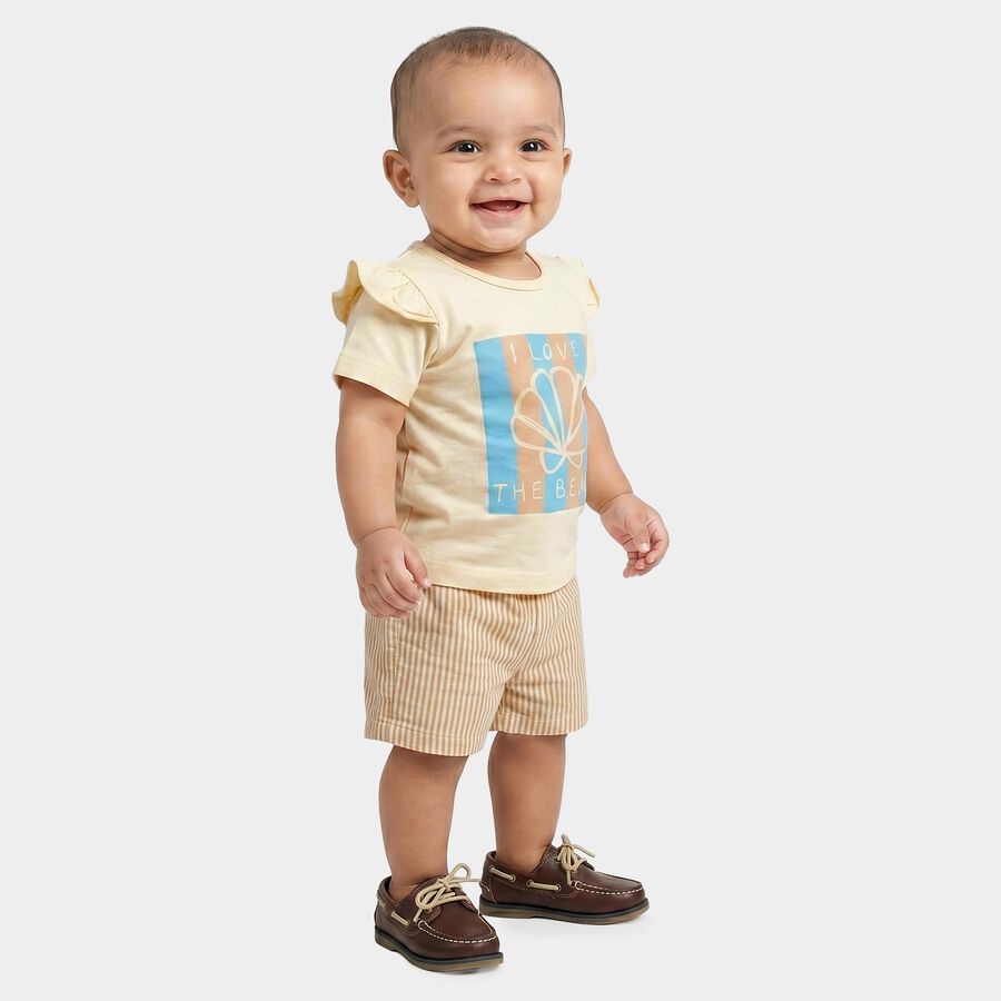 Infants Beige Cotton Crew Neck Short Set Upper and Bottom Set, Beige, large
