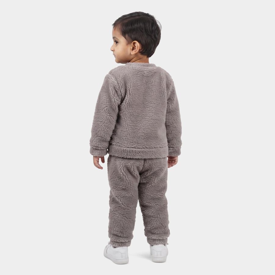 Infants' Grey Round Neck Bear Appliqu&eacute; Baba Suit, हल्का ग्रे, large