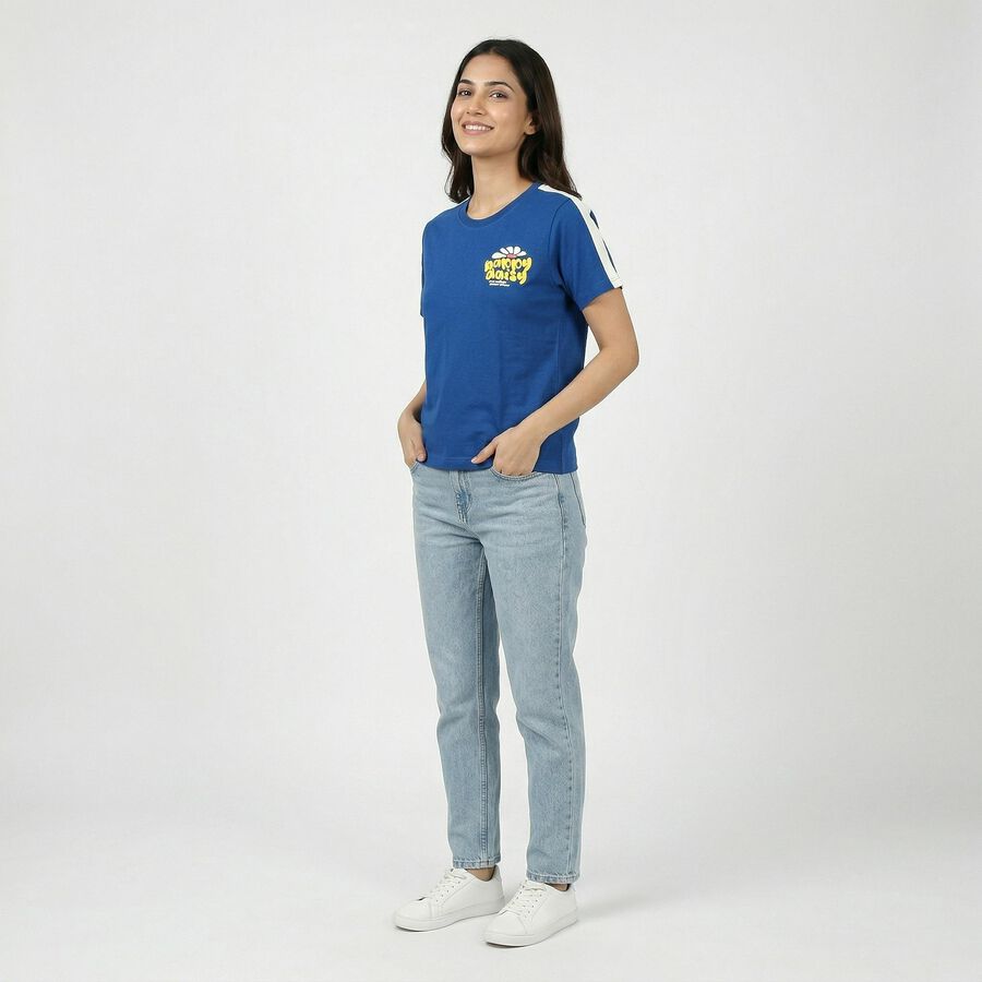 Women's Blue Round Neck Casual T-Shirt, Blue, large