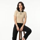 Women Beige Cotton Polo Neck Regular Top, गहरा पीला, small