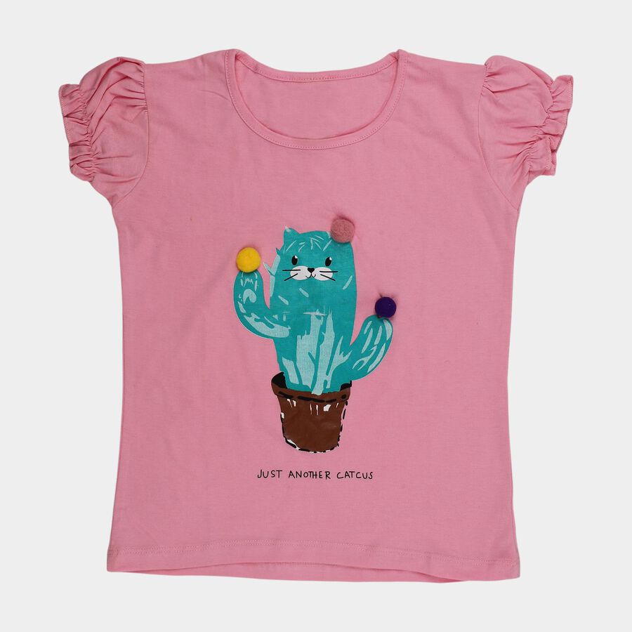 Girls' Pink Cotton Round Neck Graphic Printed T-Shirt, गुलाबी, large