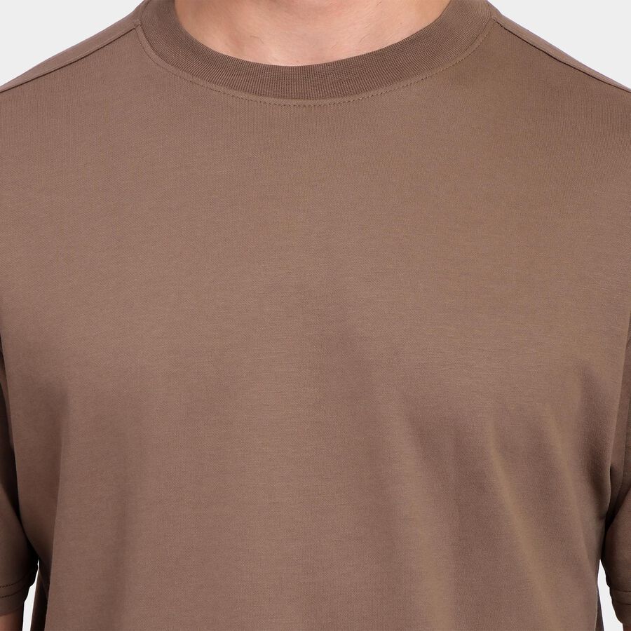 Men's Round Neck Half Sleeves T-Shirt , खाकी, large