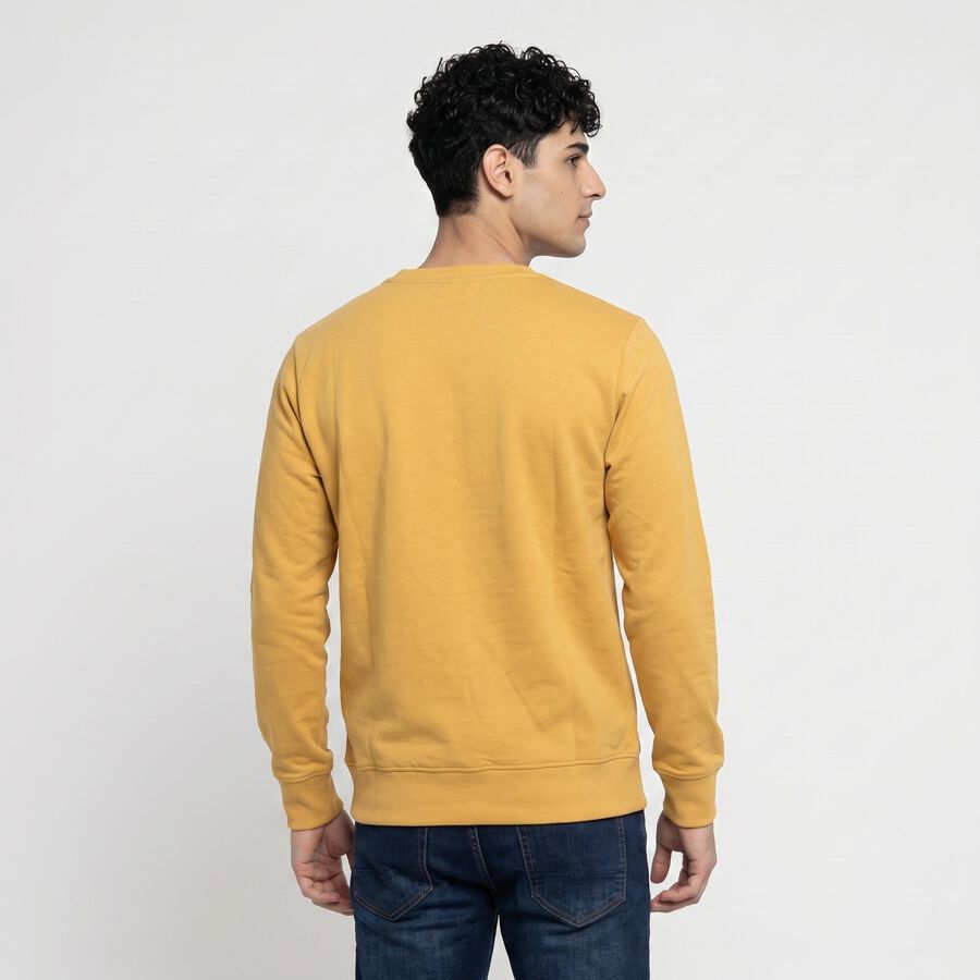Men's Mustard Crew Neck Graphic Print Pullover Sweatshirt, Mustard, large