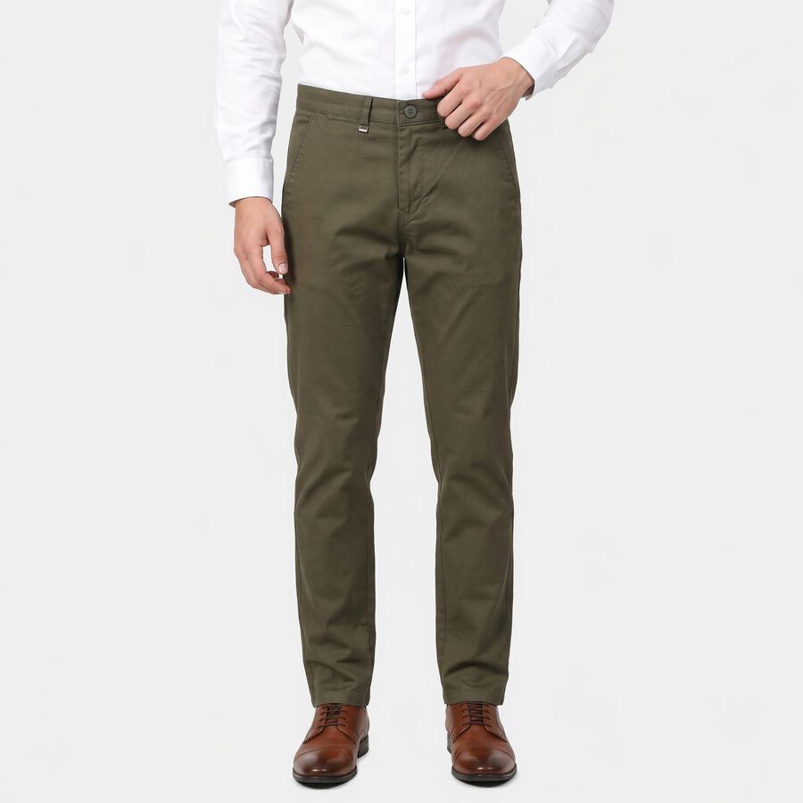 Men's Olive Green Slim Fit Chino Trousers, ओलिव, large