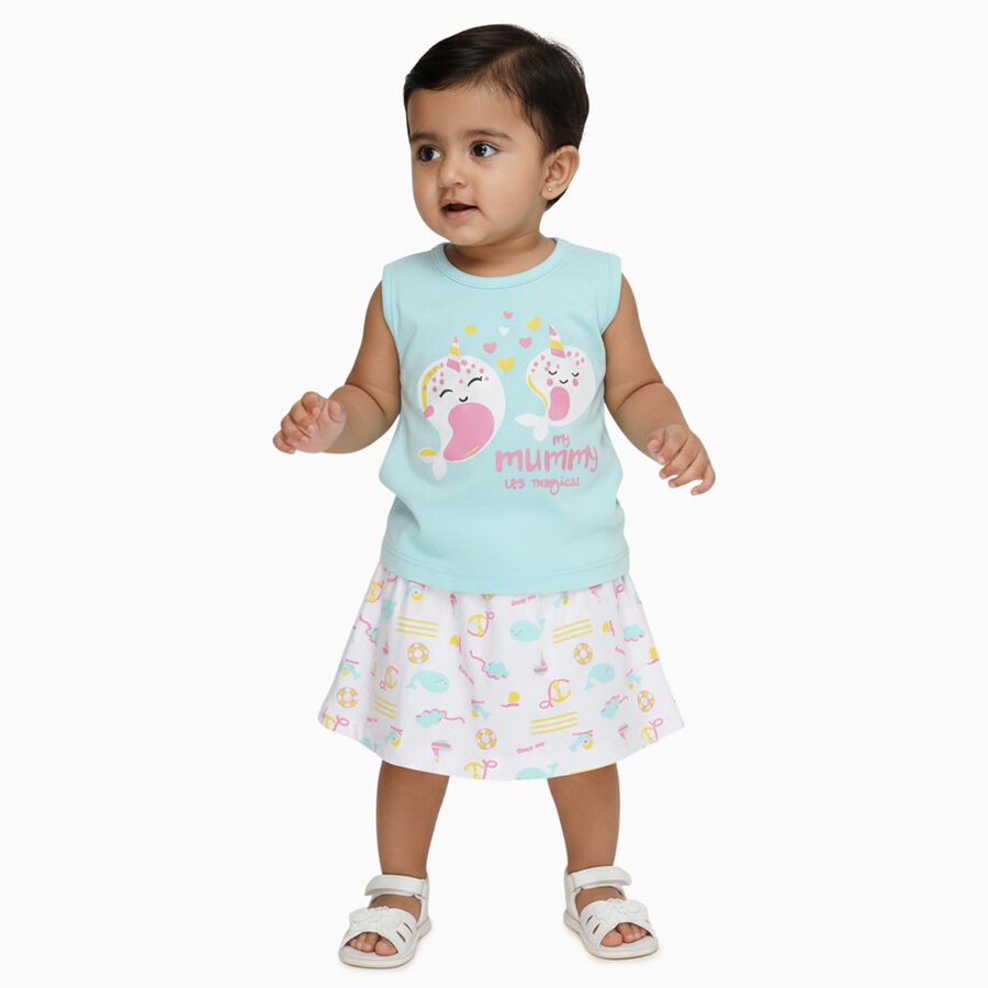Infants Pastel Blue Cotton Sleeveless Top and Printed Skirt Set, एक्वा, large