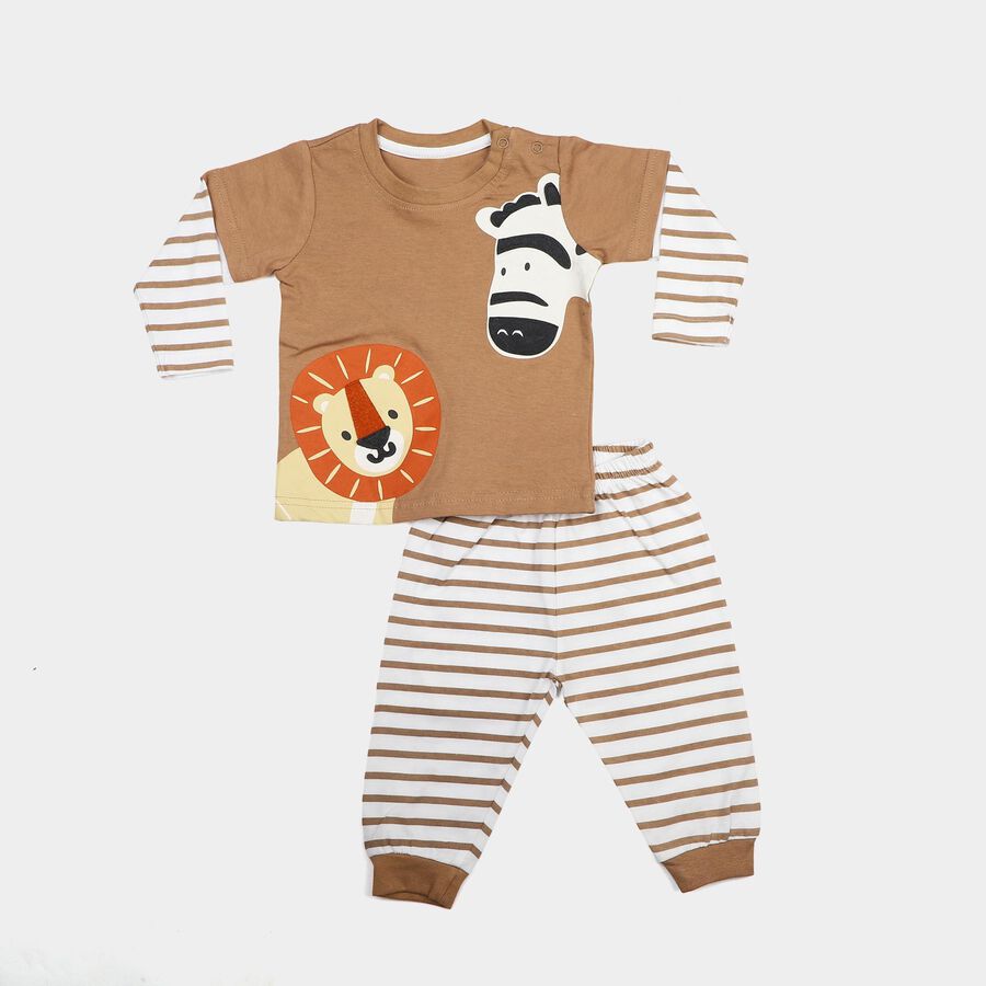 Infants' Beige 100% Cotton Round Neck Baba Suit, Beige, large