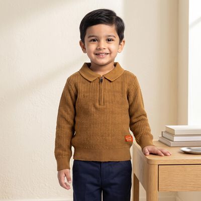 Boys Brown Collared Half Zip Pullover