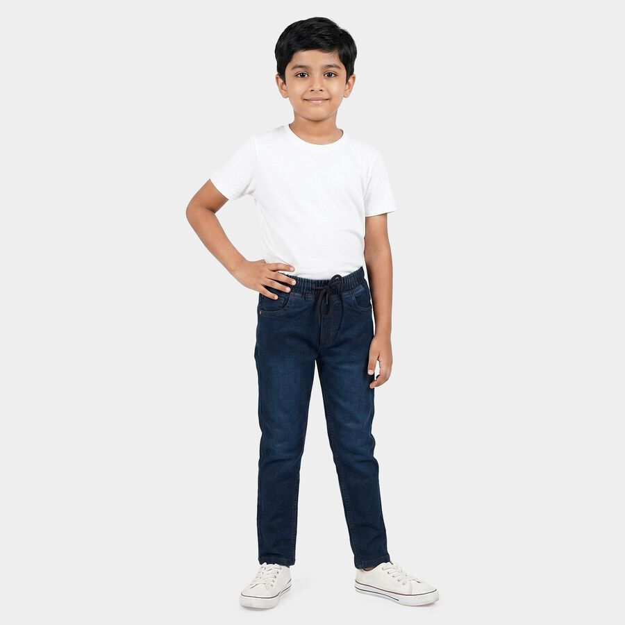 Boys' Navy Blue Straight Fit Drawstring Waist Jeans, गहरा नीला, large