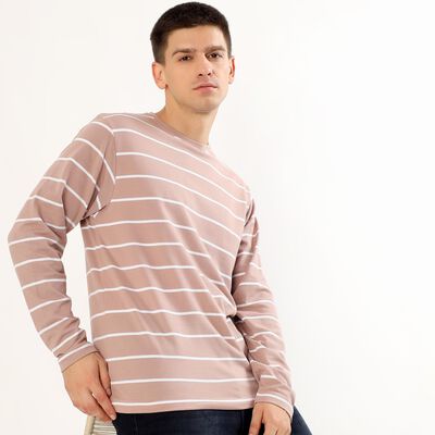 Men's Light Pink Crew Neck Striped T-Shirt