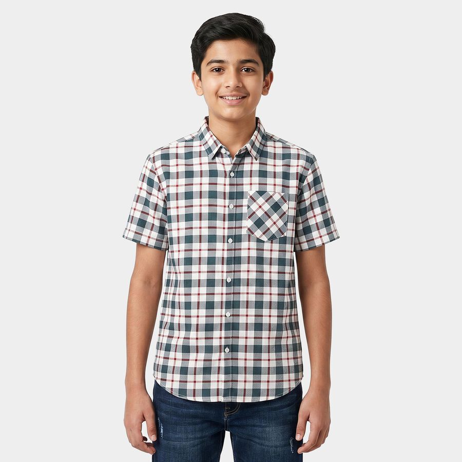 Boys White Checked Collar Regular Fit Casual Shirt, White, large
