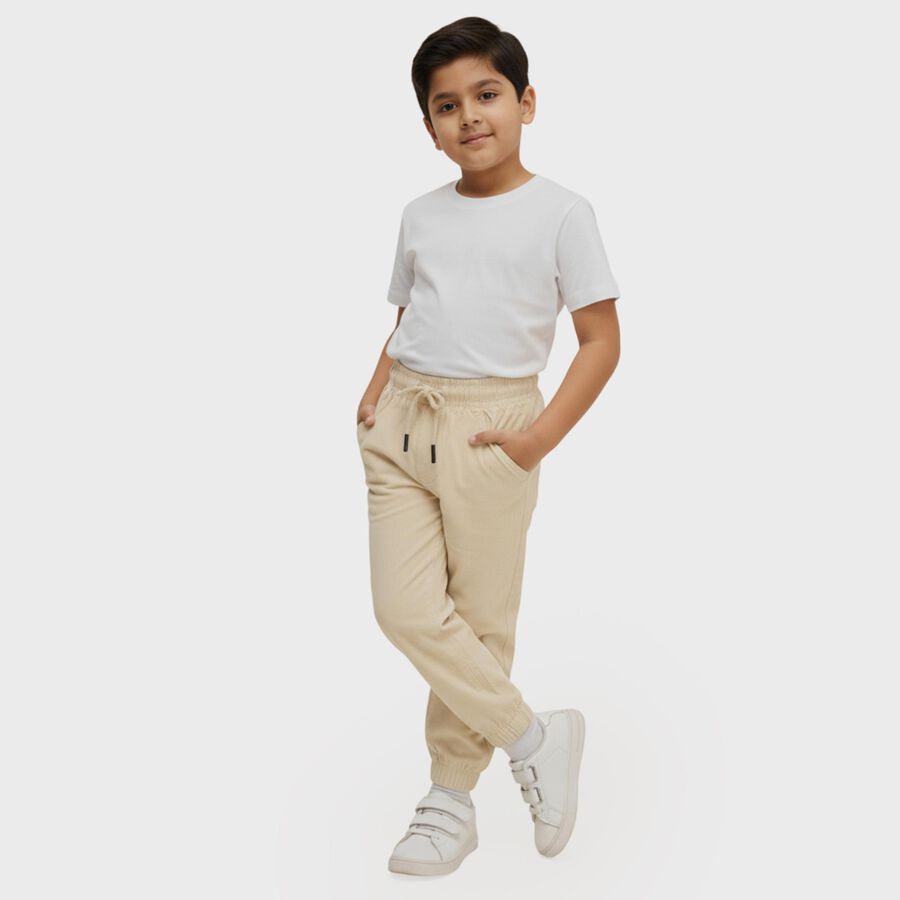 Boys Light Beige Cotton Jogger Trousers, Beige, large