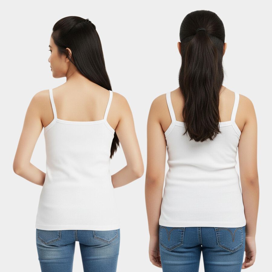 Girls' White Cotton Round Neck Minimalist Vest, सफ़ेद, large