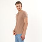 Men's Beige Henley Neck Textured T-Shirt, Beige, small