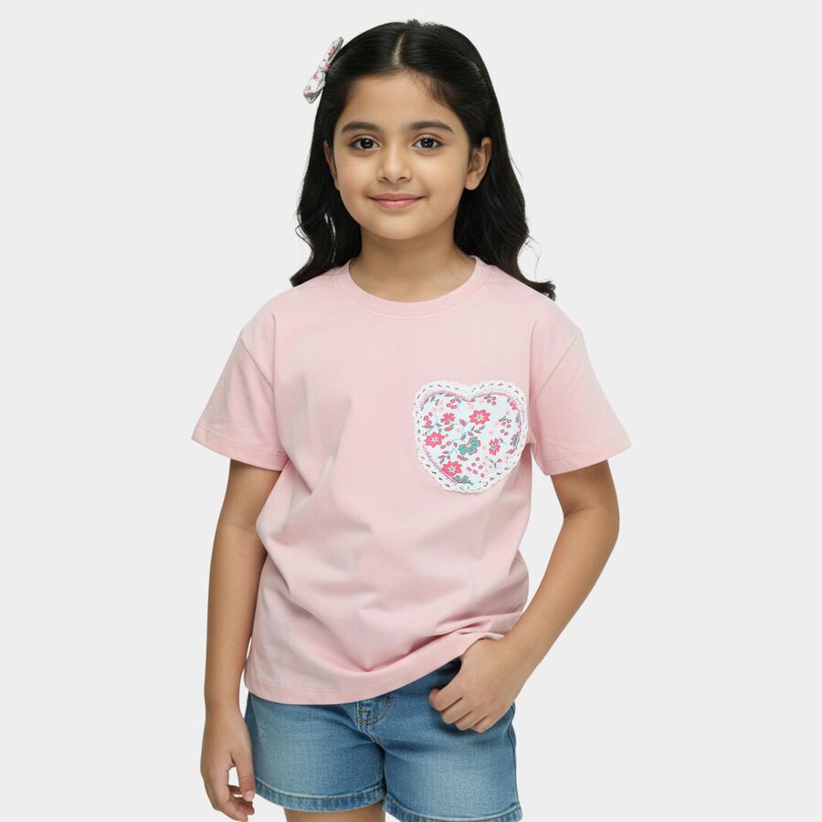 Girls Pink Cotton Round Neck Graphic Print T-Shirt, Pink, large