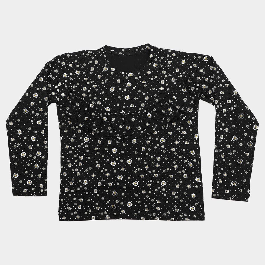 Girls' Black Round Neck Floral Regular Top, काला, large