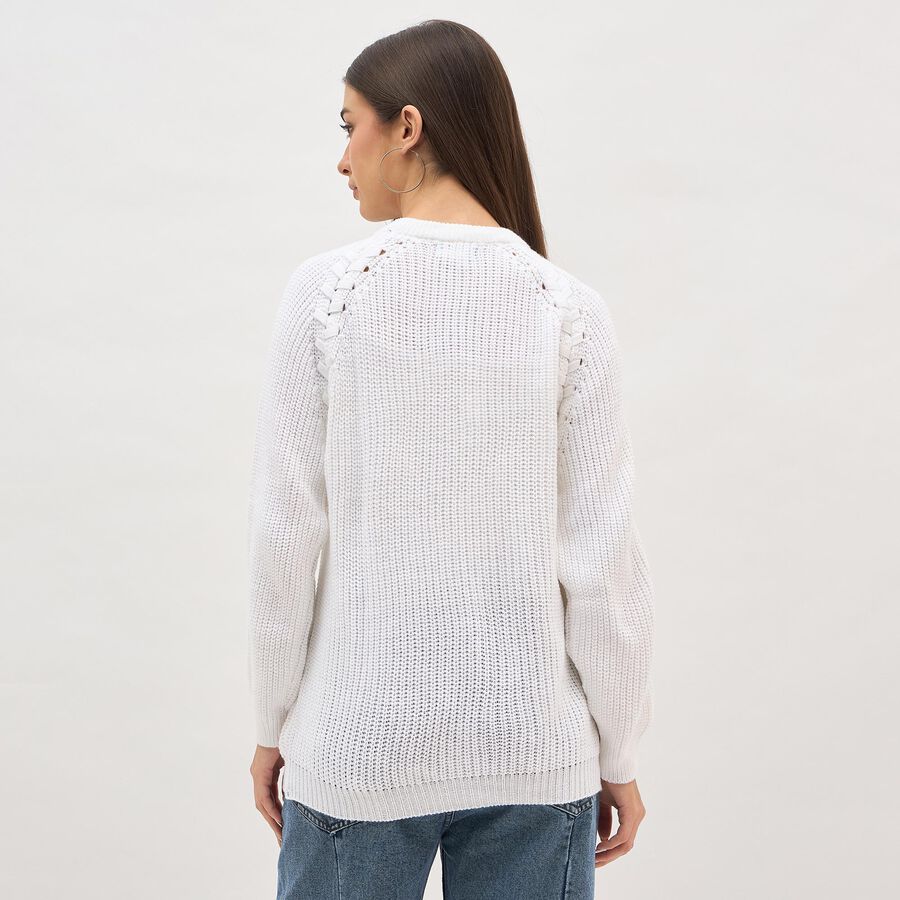 Women's Snow White Crew Neck Casual Pullover, सफ़ेद, large image number null