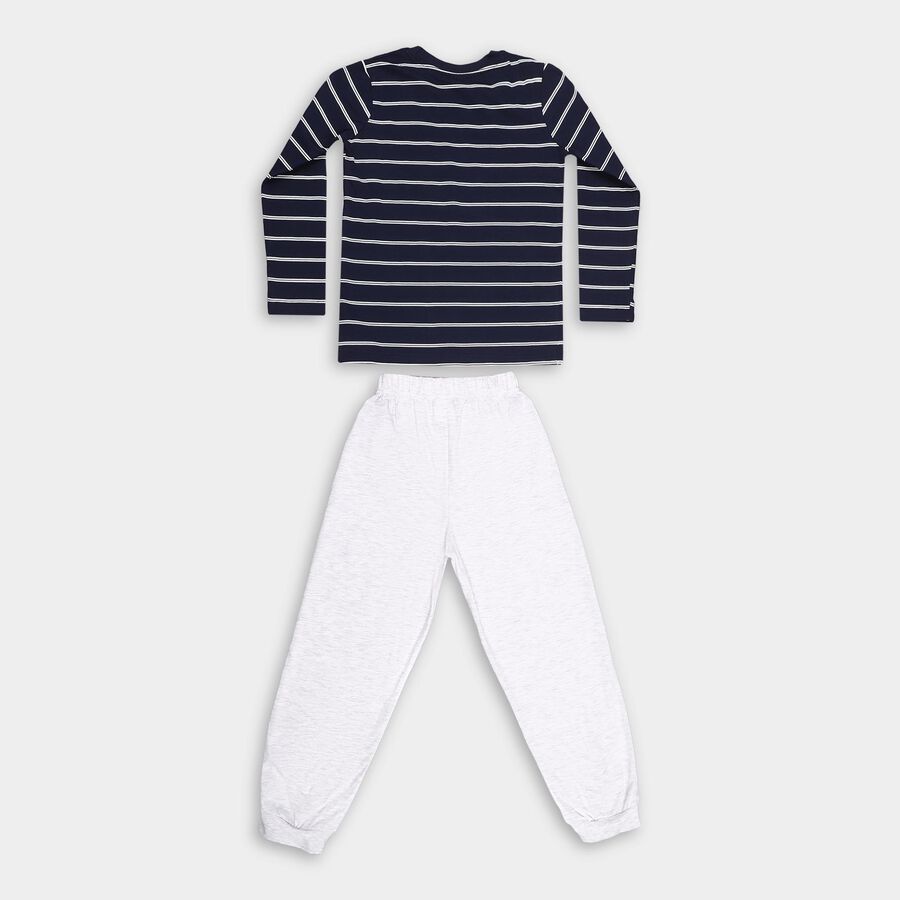 Boys' Navy Cotton Round Neck Striped Baba Suit, Navy Blue, large image number null