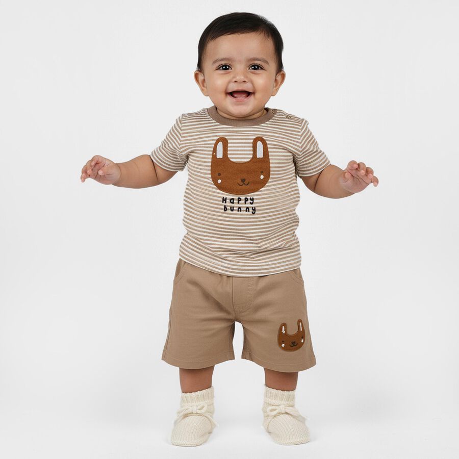 Infants' Beige Cotton Round Neck Bunny Applique Baba Suit, Beige, large