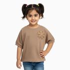 Girls' Muted Earthy Brown Crew Neck Romantic T-Shirt, Brown, small