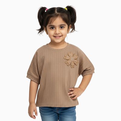Girls' Muted Earthy Brown Crew Neck Romantic T-Shirt