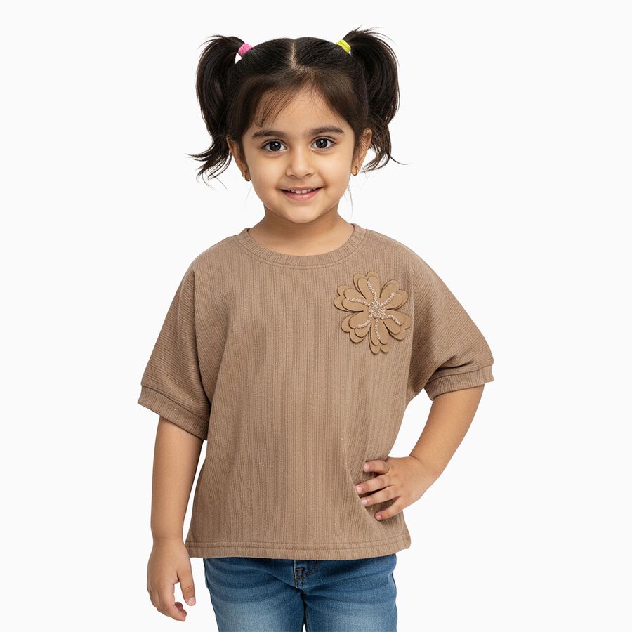 Girls' Muted Earthy Brown Crew Neck Romantic T-Shirt, Brown, large
