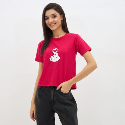 Women's Bright Red Round Neck Casual T-Shirt