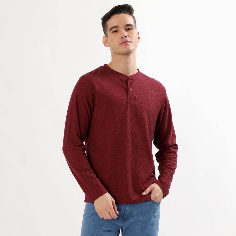 Men's Deep Maroon Henley Neck Casual T-Shirt, Wine, large image number null