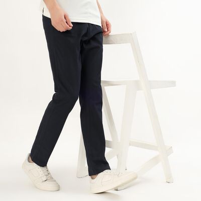 Men's Deep Midnight Navy Slim Fit Flat-Front Casual Trousers