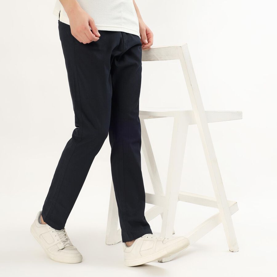 Men's Deep Midnight Navy Slim Fit Flat-Front Casual Trousers, Navy Blue, large image number null