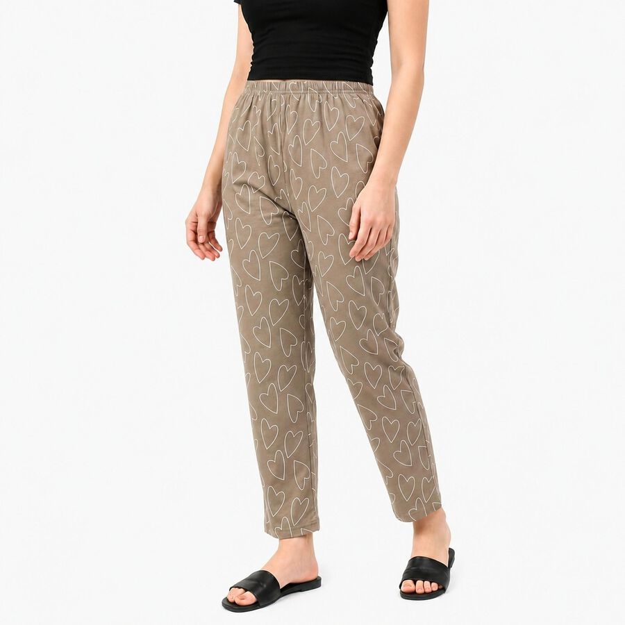 Women's Beige Straight Fit Heart Printed Lounge Pyjama, गहरा पीला, large